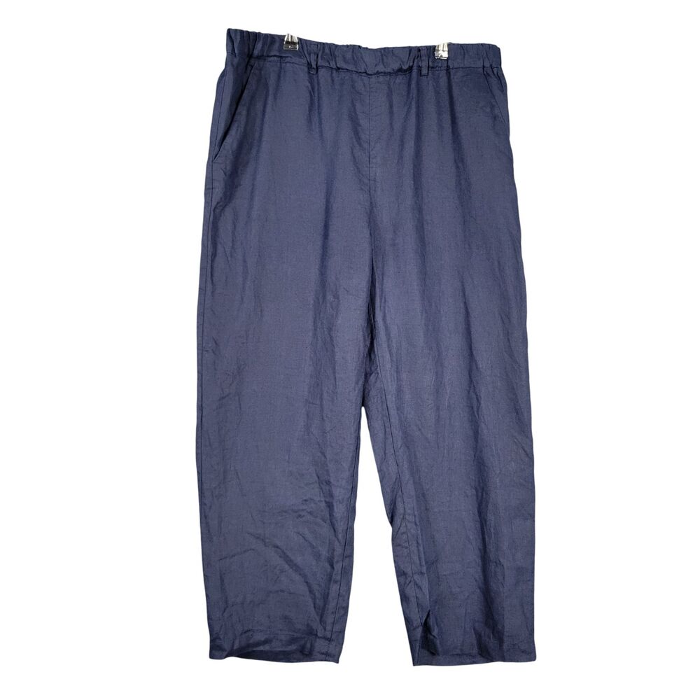 QUINCE Navy Blue 100% European Linen Wide Leg High Rise Cropped Pants SIZE LARGE